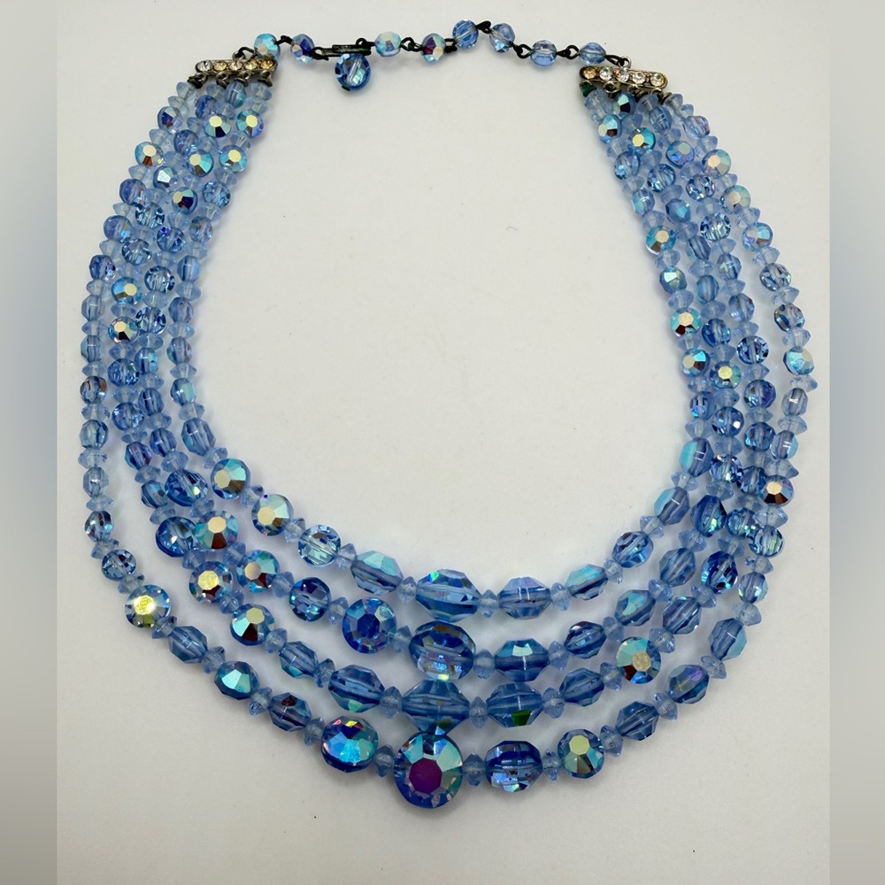 ~15" Vintage, Four strands of graduated blue Aurora Borealis Crystal necklace!